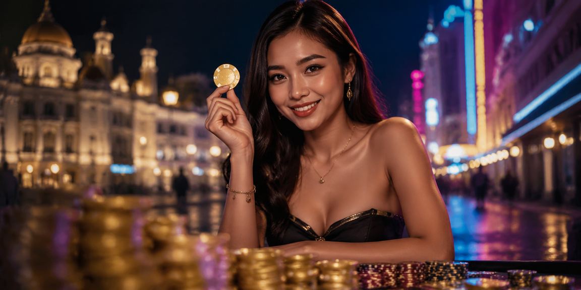 Layar neon berwarna-warni menampilkan bonus VIP yang menggiurkan di suasana malam
