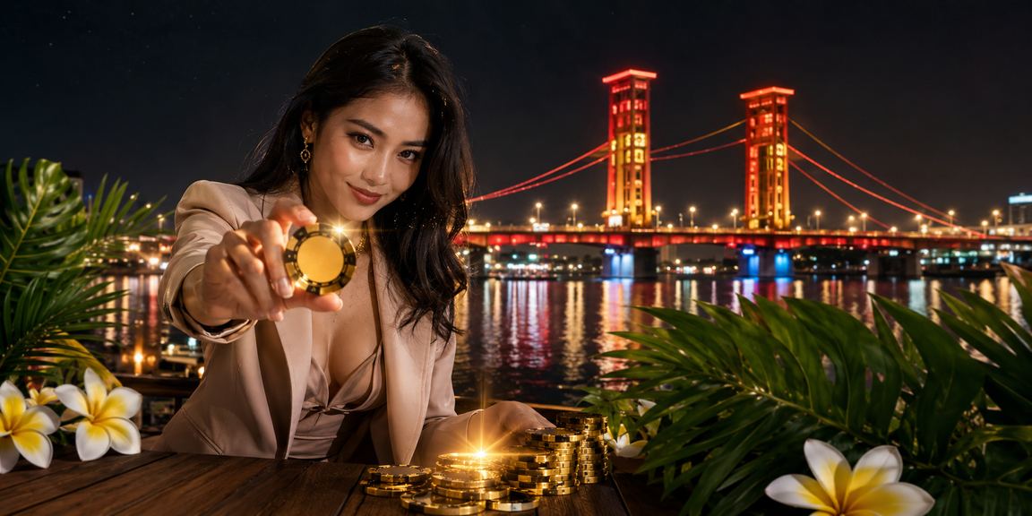 Model Vietnam berpose percaya diri di depan layar casino yang terang benderang
