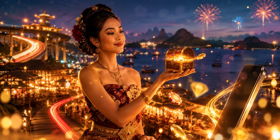 Pengguna memainkan casino mobile di tengah keramaian pasar malam Vietnam yang berwarna