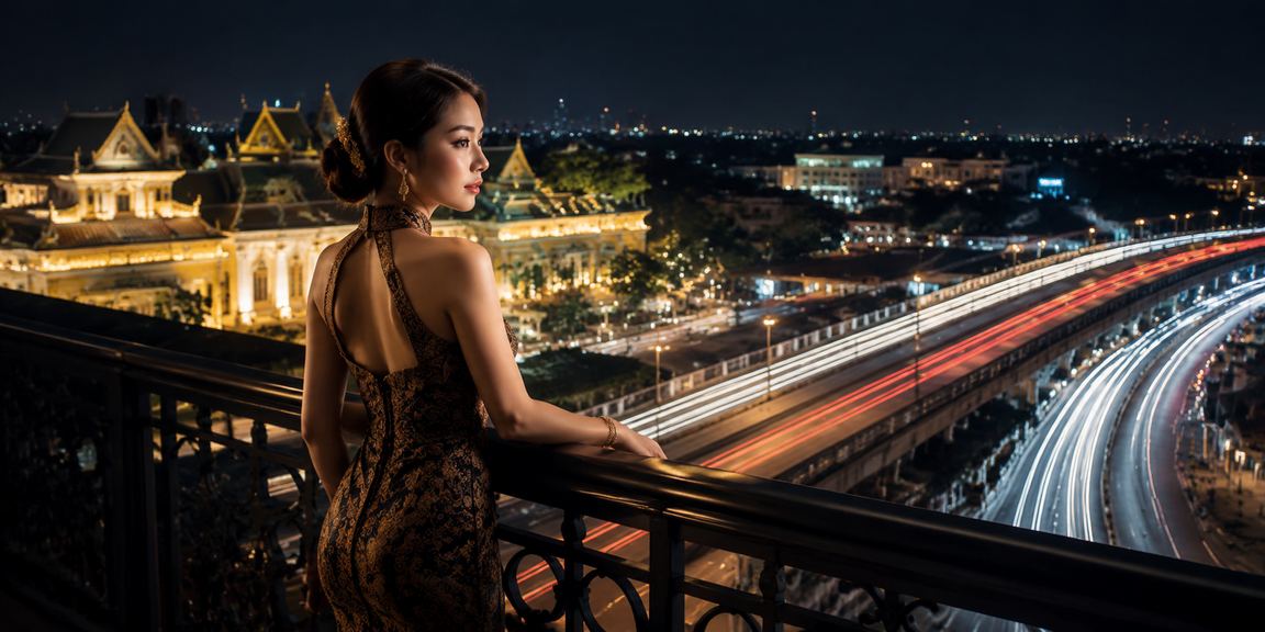 Model Vietnam berpose elegan di samping meja roulette kasino yang mewah